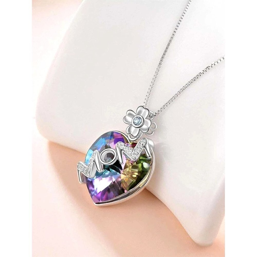 Mom Heart Faceted Pendant with Chain Reflect Blue and Purple